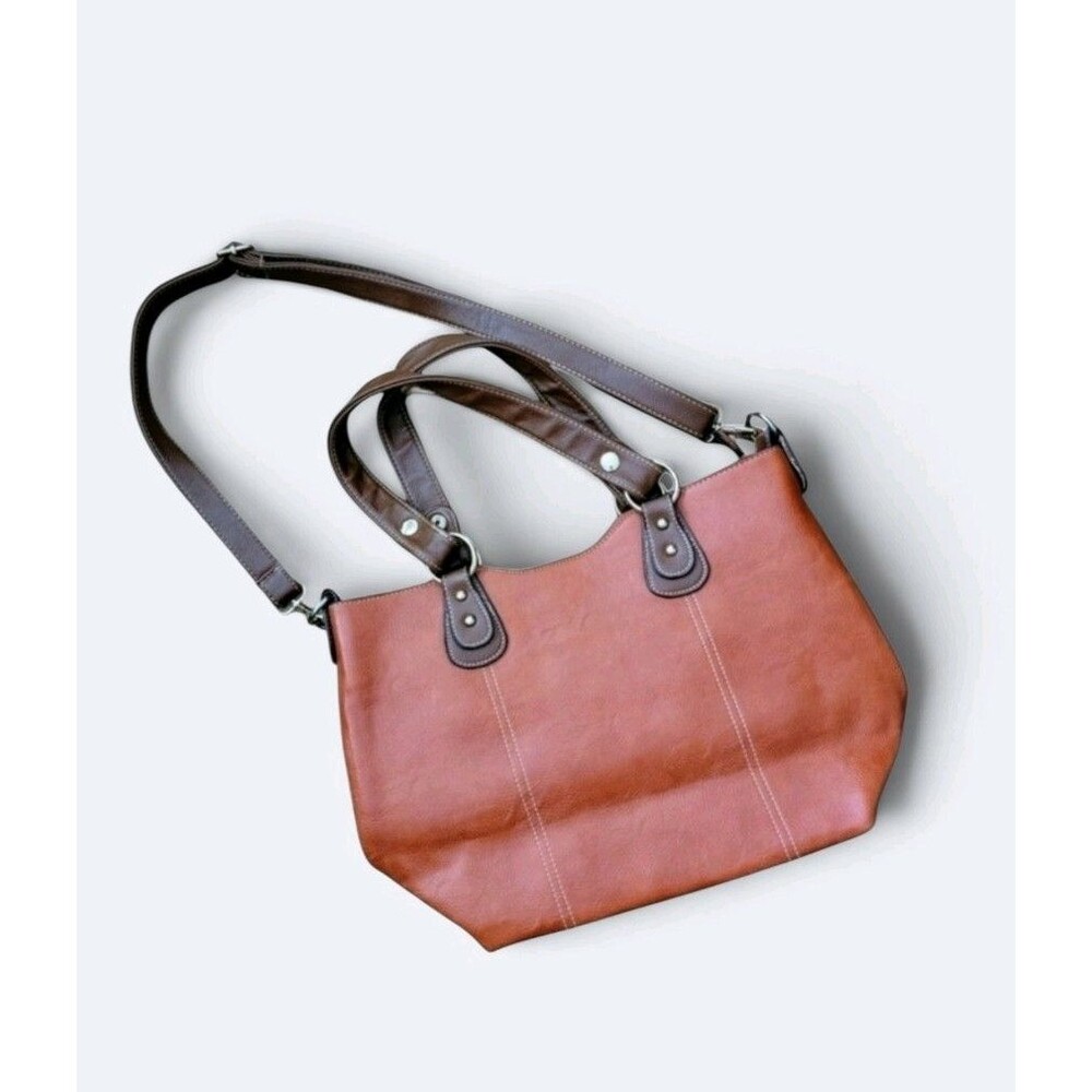 Large Cognac Faux Leather Tote Shoulder Bag Crossbody Purse